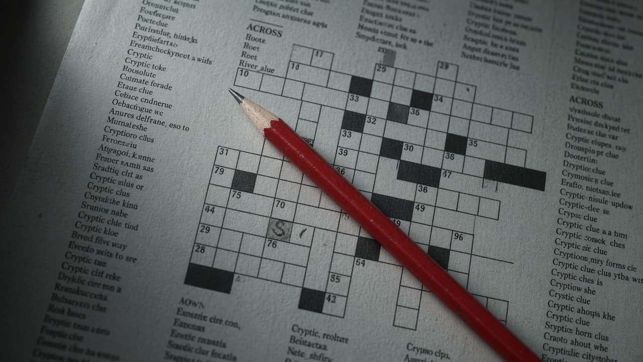Red pencil resting on a cryptic crossword grid