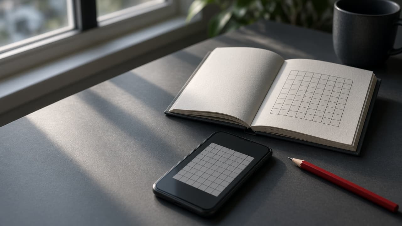 Puzzle book and phone on a desk set up for a short cryptic practice session